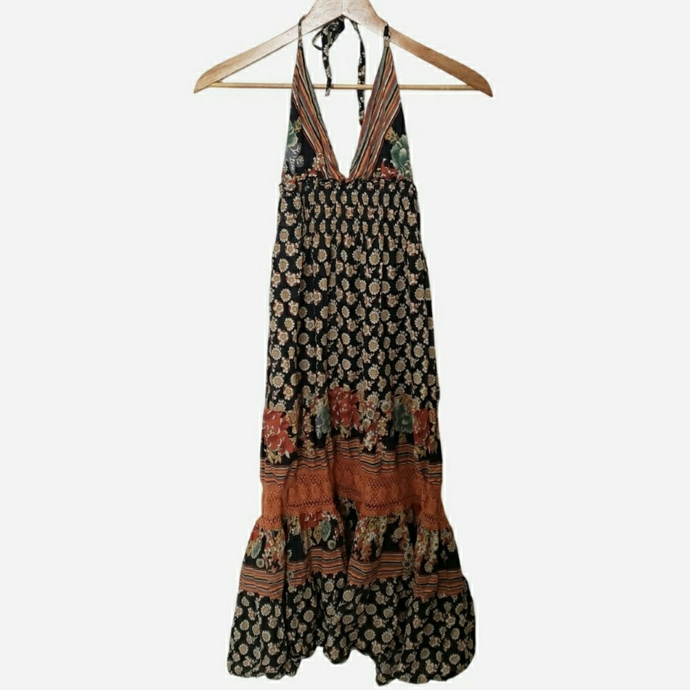 Floral Crochet Spaghetti Strap Halter Maxi Dress V Neck Rouched Cottage Cotton S